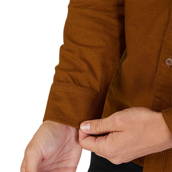 Clean studio shot of Fox Racing Source Flannel Shirt; showing flannel shirt fit, button front, and plaid pattern; SKU 31739-512-S