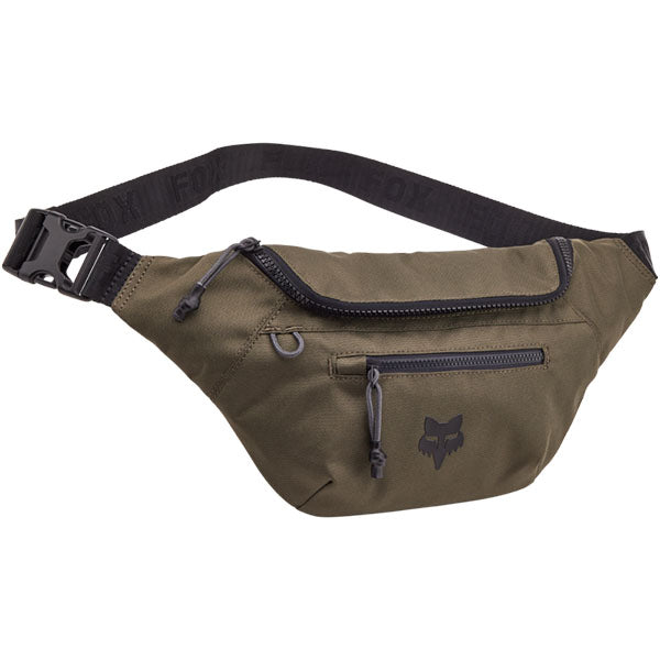 Fox Racing Fox Head Hip Pack SKU 32343 Olive Green front view showing zipper pockets and Fox Head branding