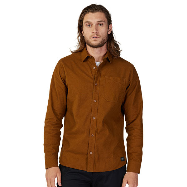 Professional studio photo of Fox Racing Source Flannel Shirt; showing flannel shirt fit, button front, and plaid pattern; SKU 31739-512-S