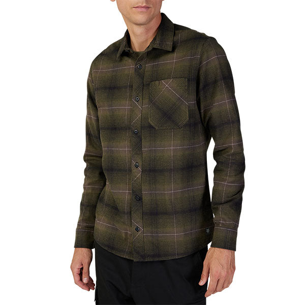 Crisp studio image on a white background of Fox Racing Source Flannel Shirt; showing flannel shirt fit, button front, and plaid pattern; SKU 31739-512-S