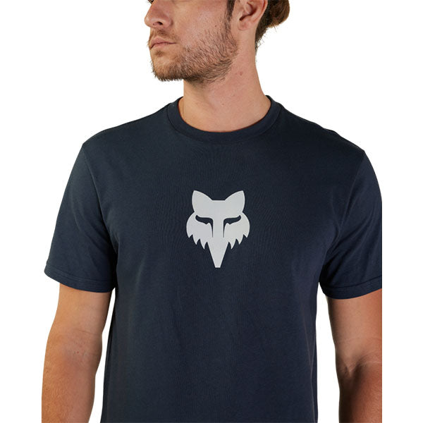 Clean studio shot of Fox Racing Fox Head Premium Tee; showing tee fit, printed graphics, and crew neckline; SKU 31731-329-S; Sizes: MIDNIGHT