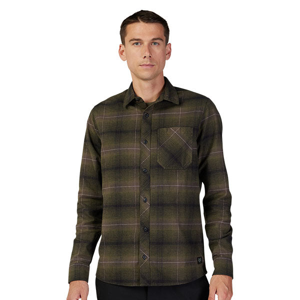 Professional studio photo of Fox Racing Source Flannel Shirt; showing flannel shirt fit, button front, and plaid pattern; SKU 31739-512-S