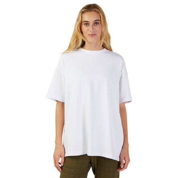 High-resolution studio image of Fox Racing Wordmark Premium Tee (Womens); showing tee fit, printed graphics, and crew neckline; SKU 31982-001-XS