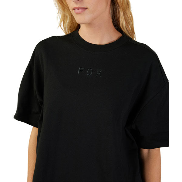 Studio photo on a white background of Fox Racing Wordmark Premium Tee (Womens); showing tee fit, printed graphics, and crew neckline; SKU 31982-001-XS