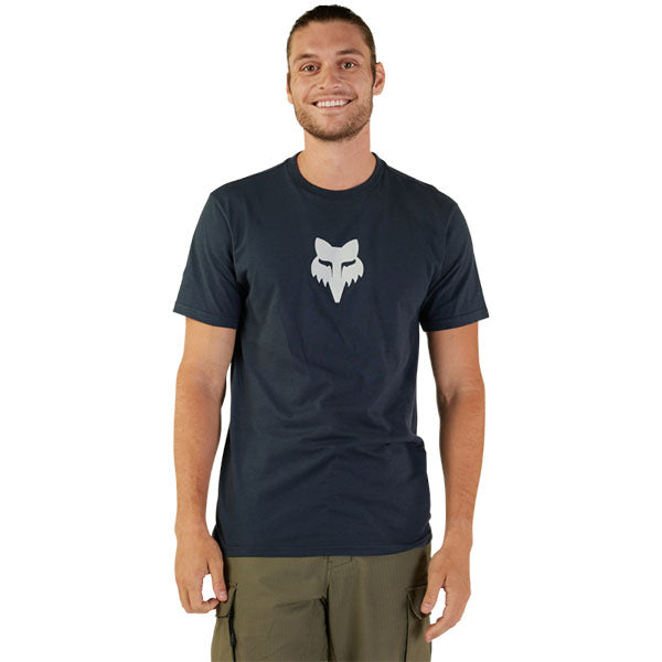 High-resolution studio image of Fox Racing Fox Head Premium Tee; showing tee fit, printed graphics, and crew neckline; SKU 31731-329-S; Sizes: MIDNIGHT