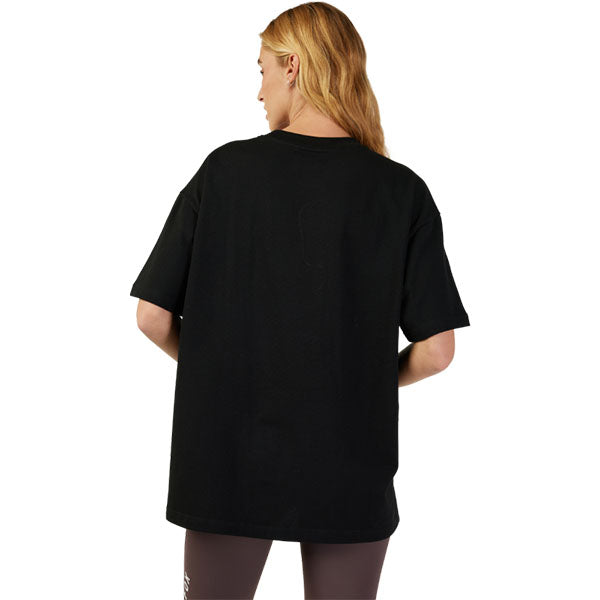High-resolution studio image of Fox Racing Wordmark Premium Tee (Womens); showing tee fit, printed graphics, and crew neckline; SKU 31982-001-XS
