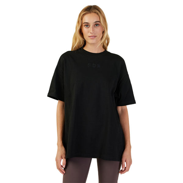 Clean studio shot of Fox Racing Wordmark Premium Tee (Womens); showing tee fit, printed graphics, and crew neckline; SKU 31982-001-XS; Sizes: XS-XL