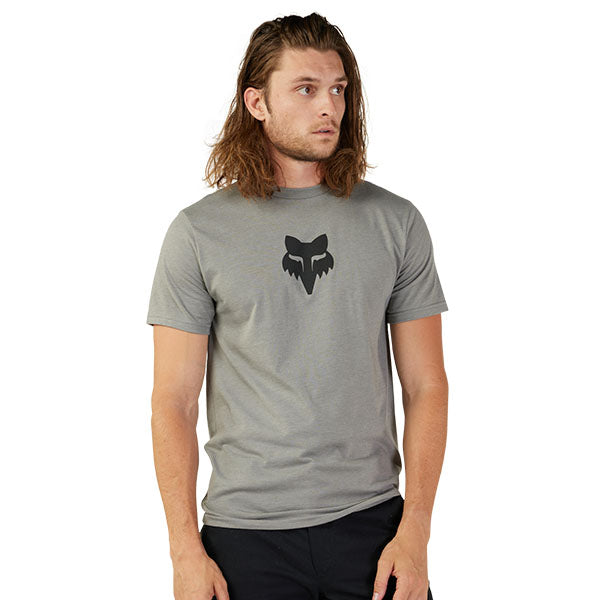 High-resolution studio image of Fox Racing Fox Head Premium Tee; showing tee fit, printed graphics, and crew neckline; SKU 31731-001-S