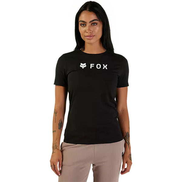 Professional studio photo of Fox Racing Absolute Tech Tee (Womens); showing tee fit, printed graphics, and crew neckline; SKU 31843-001-XS; Sizes: BLACK
