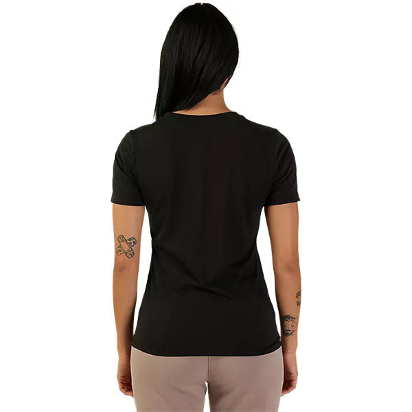 Studio photo on a white background of Fox Racing Absolute Tech Tee (Womens); showing tee fit, printed graphics, and crew neckline; SKU 31843-001-XS