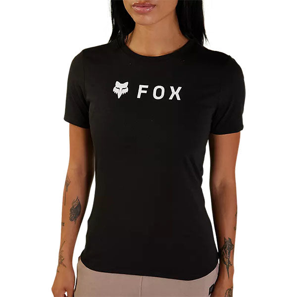 High-resolution studio image of Fox Racing Absolute Tech Tee (Womens); showing tee fit, printed graphics, and crew neckline; SKU 31843-001-XS