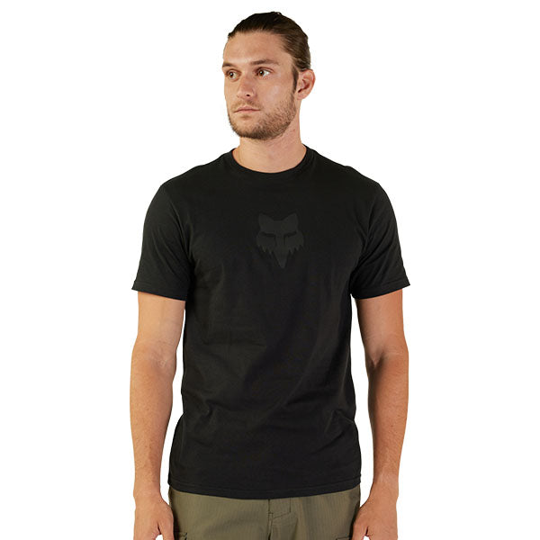 High-resolution studio image of Fox Racing Fox Head Premium Tee; showing tee fit, printed graphics, and crew neckline; SKU 31731-001-S