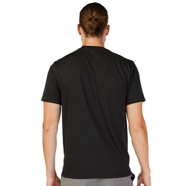 Professional studio photo of Fox Racing Forums Tech Tee; showing tee fit, printed graphics, and crew neckline; SKU 30723-001-S; Sizes: BLACK
