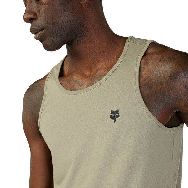 Professional studio photo of Fox Racing Forums Tech Tank; showing sleeveless cut, hem shape, and printed or woven branding; SKU 30720-291-S
