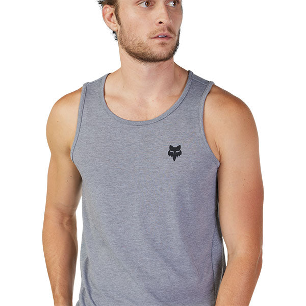 High-resolution studio image of Fox Racing Forums Tech Tank; showing sleeveless cut, hem shape, and printed or woven branding; SKU 30720-291-S
