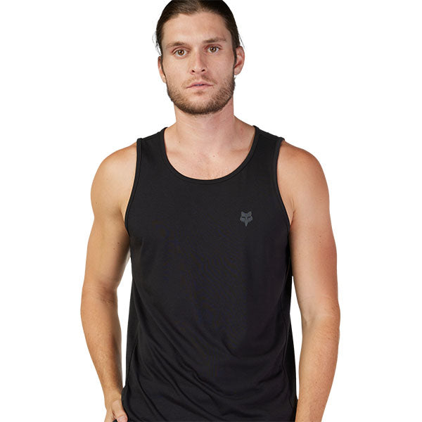 Studio photo on a white background of Fox Racing Forums Tech Tank; showing sleeveless cut, hem shape, and printed or woven branding; SKU 30720-291-S