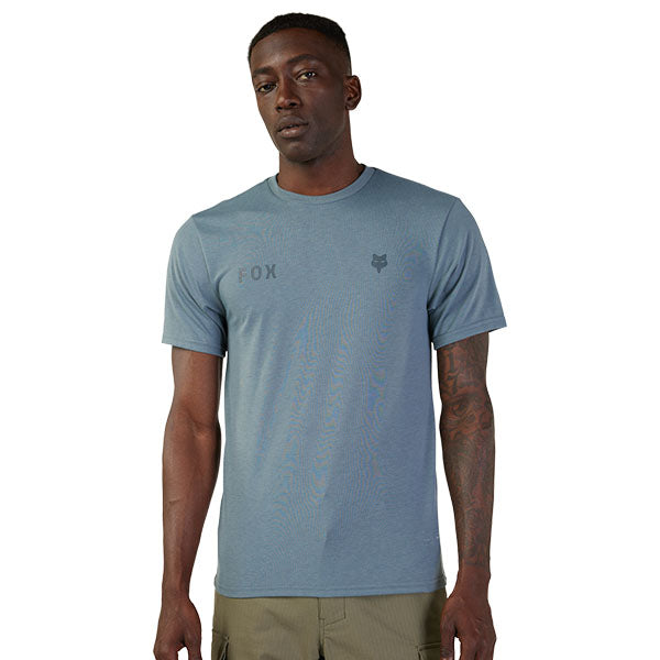 Clean studio shot of Fox Racing Wordmark Tech Tee; showing tee fit, printed graphics, and crew neckline; SKU 31890-001-S; Colors: SM, MD, LG, XL and more
