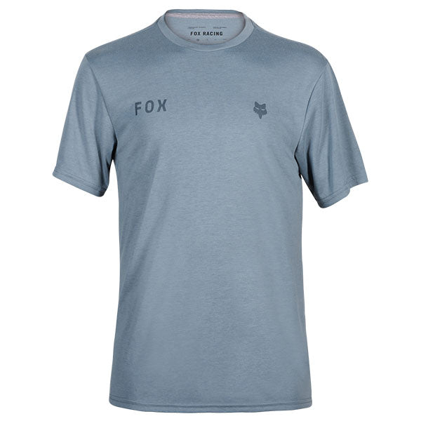 Studio photo on a white background of Fox Racing Wordmark Tech Tee; showing tee fit, printed graphics, and crew neckline; SKU 31890-001-S