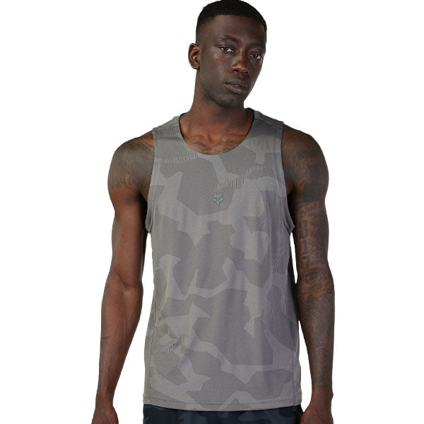 Studio photo on a white background of Fox Racing Rep Jacquard Tank; showing sleeveless cut, hem shape, and printed or woven branding; SKU 30977-343-S