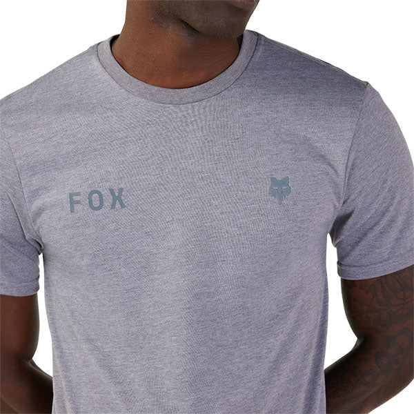 Professional studio photo of Fox Racing Wordmark Tech Tee; showing tee fit, printed graphics, and crew neckline; SKU 31890-001-S
