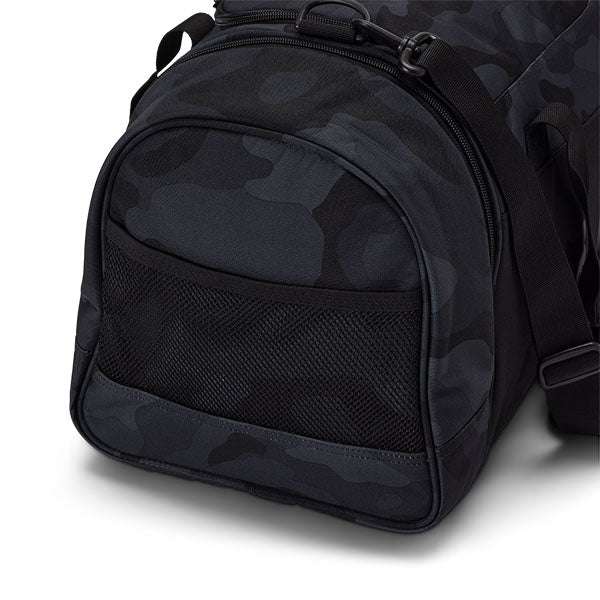 Fox Racing 180 Black Camo Duffle Bag SKU 33139 Black Camo close-up of zippers and hardware detail