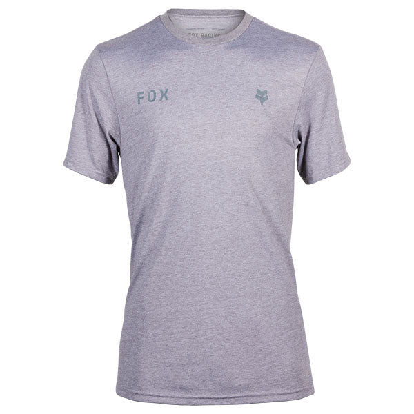 Clean studio shot of Fox Racing Wordmark Tech Tee; showing tee fit, printed graphics, and crew neckline; SKU 31890-001-S; Colors: SM, MD, LG, XL and more