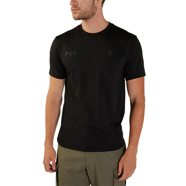 Professional studio photo of Fox Racing Wordmark Tech Tee; showing tee fit, printed graphics, and crew neckline; SKU 31890-001-S