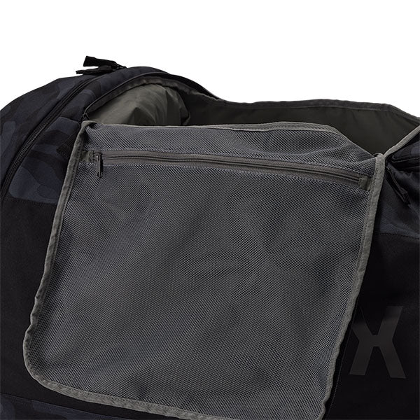 Fox Racing Shuttle 180 Black Camo Roller Gearbag SKU 33138 Black Camo lifestyle photo loaded for race day