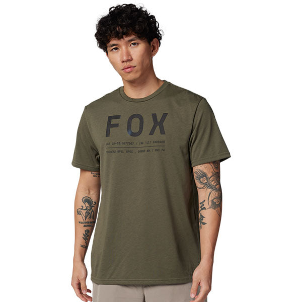 High-resolution studio image of Fox Racing Non Stop Tech Tee; showing tee fit, printed graphics, and crew neckline; SKU 31688-001-S