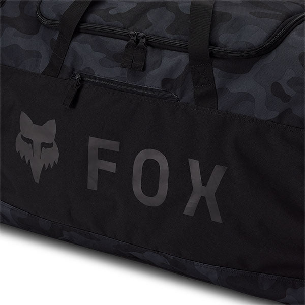 Fox Racing Podium 180 Black Camo Duffle Bag SKU 33137 Black Camo back view showing padded shoulder strap and back panel