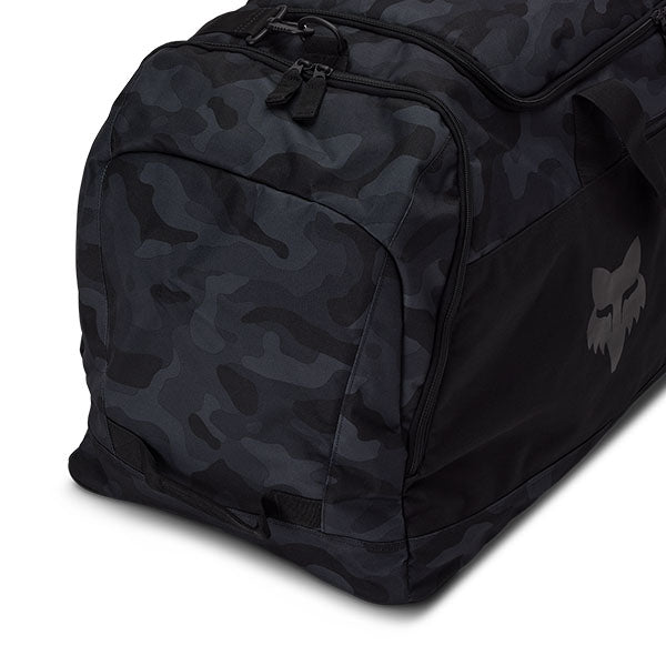 Fox Racing Podium 180 Black Camo Duffle Bag SKU 33137 Black Camo side view showing zippered side compartments