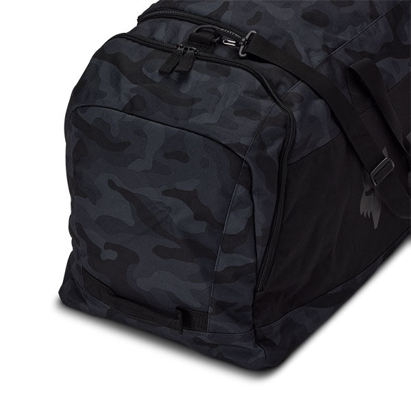 Fox Racing Podium 180 Black Camo Duffle Bag SKU 33137 Black Camo close-up of zippers and hardware detail