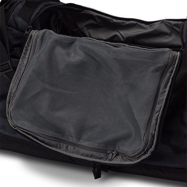 Fox Racing Podium Black Camo Duffle Bag SKU 33136 Black Camo alternate view showing exterior pockets and branding