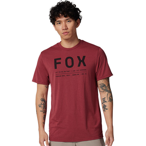 Clean studio shot of Fox Racing Non Stop Tech Tee; showing tee fit, printed graphics, and crew neckline; SKU 31688-001-S; Colors: SM, MD, LG, XL and more