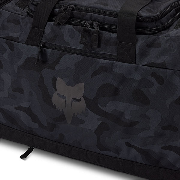 Fox Racing Podium Black Camo Duffle Bag SKU 33136 Black Camo back view showing padded shoulder strap and back panel