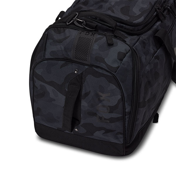 Fox Racing Podium Black Camo Duffle Bag SKU 33136 Black Camo side view showing zippered side compartments