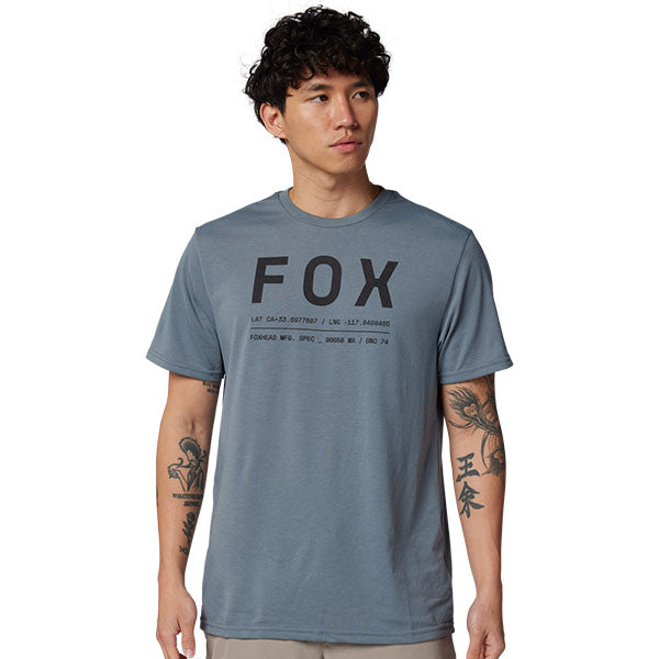 High-resolution studio image of Fox Racing Non Stop Tech Tee; showing tee fit, printed graphics, and crew neckline; SKU 31688-001-S