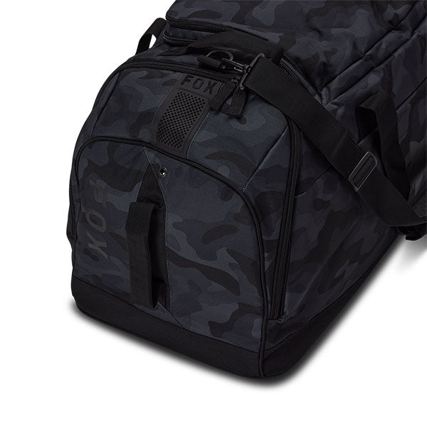 Fox Racing Podium Black Camo Duffle Bag SKU 33136 Black Camo close-up of zippers and hardware detail