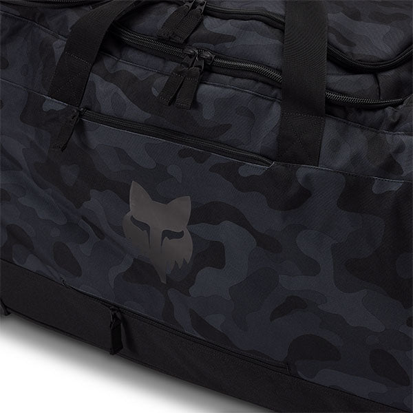 Fox Racing Shuttle Black Camo Roller Gearbag SKU 33135 Black Camo back view showing retractable pull handle and wheel base