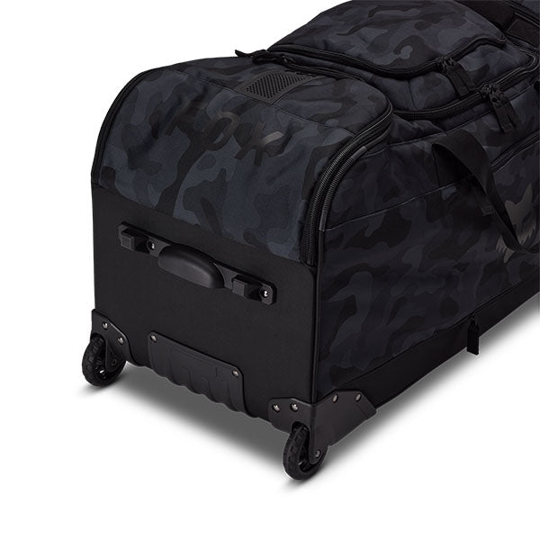 Fox Racing Shuttle Black Camo Roller Gearbag SKU 33135 Black Camo alternate view showing exterior compartments and branding