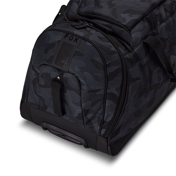 Fox Racing Shuttle Black Camo Roller Gearbag SKU 33135 Black Camo side view showing roller wheels and zippered compartments