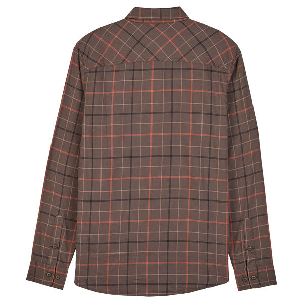 High-resolution studio image of Fox Racing Survivalist Stretch Flannel; showing flannel shirt fit, button front, and plaid pattern; SKU 32326-117-S