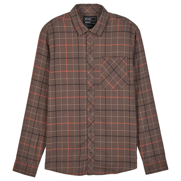 Studio photo on a white background of Fox Racing Survivalist Stretch Flannel; showing flannel shirt fit, button front, and plaid pattern; SKU 32326-117-S