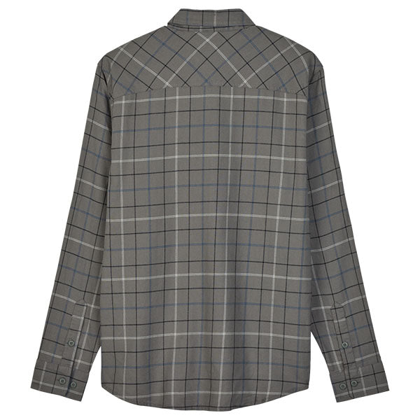 Clean studio shot of Fox Racing Survivalist Stretch Flannel; showing flannel shirt fit, button front, and plaid pattern; SKU 32326-117-S
