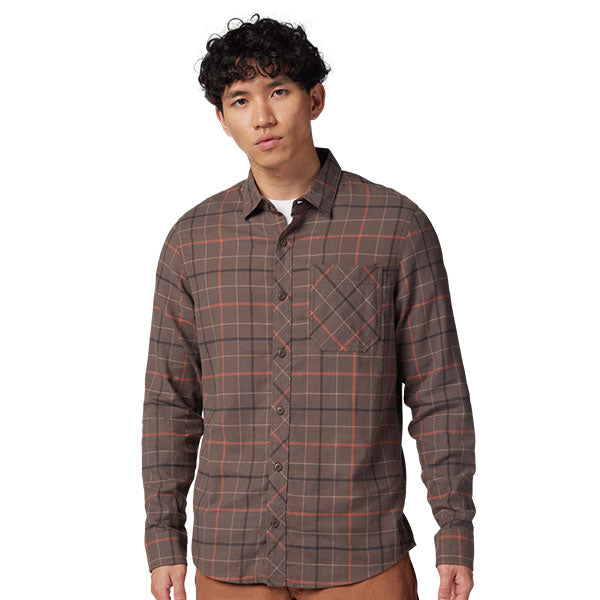 Professional studio photo of Fox Racing Survivalist Stretch Flannel; showing flannel shirt fit, button front, and plaid pattern; SKU 32326-117-S