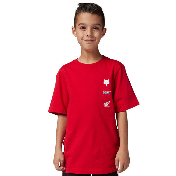 Crisp studio image on a white background of Fox Racing Fox X Honda Tee (Youth); showing tee fit, printed graphics, and crew neckline; SKU 32295-122-YS
