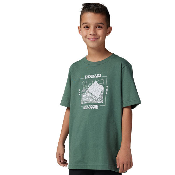 Studio photo on a white background of Fox Racing Shepherds Premium Tee (Youth); showing tee fit, printed graphics, and crew neckline; SKU 32294-041-YS