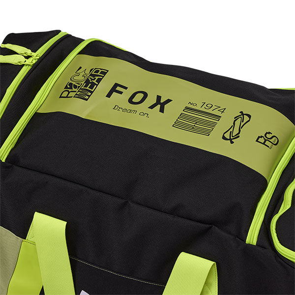 Fox Racing Shuttle 180 Race Spec Roller Gearbag SKU 32513 Pale Green close-up of HD durable wheels and pull handle