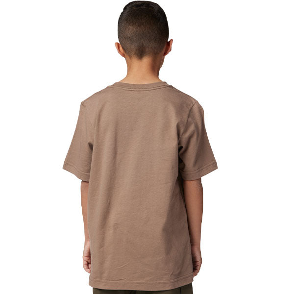 Clean studio shot of Fox Racing Leo Premium Tee (Youth); showing tee fit, printed graphics, and crew neckline; SKU 32303-562-YS; Colors: Chai, Black