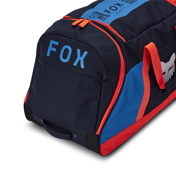Fox Racing Shuttle 180 Race Spec Roller Gearbag SKU 32513 True Blue side view showing roller wheels and zippered compartments